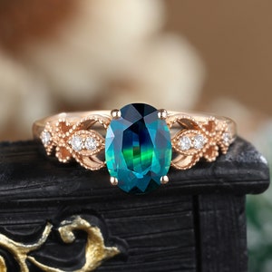 Oval teal sapphire engagement ring vintage antique moissanite unique ring rose gold diamond unique art deco anniversary bridal gift for her