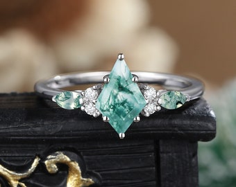 Anello di fidanzamento in agata muschiata taglio aquilone, anello in oro bianco taglio marquise vintage, anello di promessa unico in moissanite, anello di anniversario in stile art déco con diamante