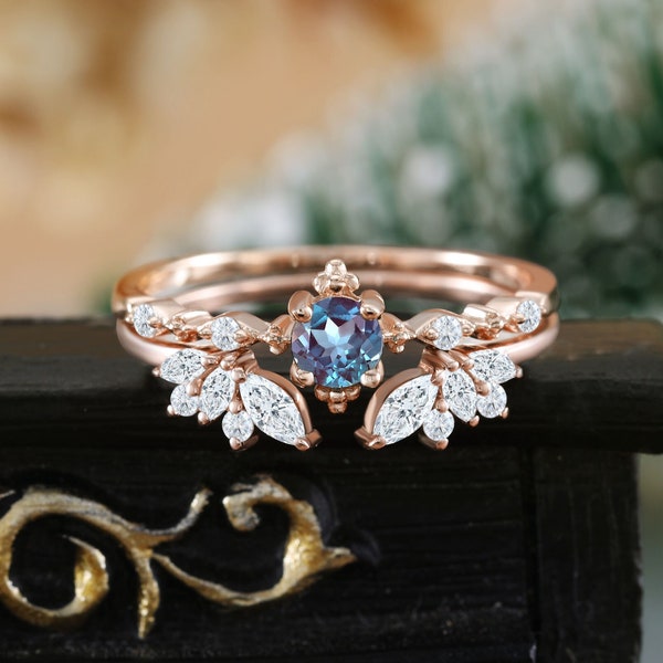 Lab alexandrite rose gold engagement ring Marquise cut moissanite anniversary bridal set Open diamond stacking curved matching wedding ring