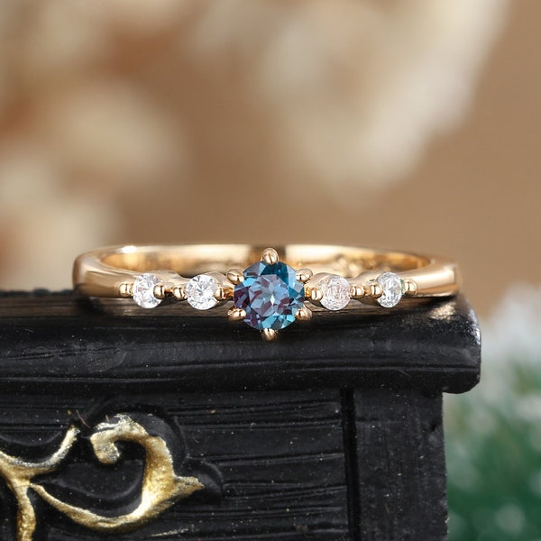 Alexandrite engagement ring rose gold, Diamond moissanite wedding ring, 14k/18k gold promise jewelry, Five stone anniversary gift for her