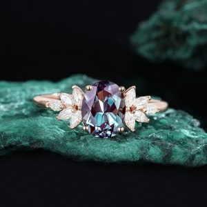 Oval cut alexandrite engagement ring Antique  rose gold moissanite Unique vintage women ring art deco Diamond  cluster Anniversary promise