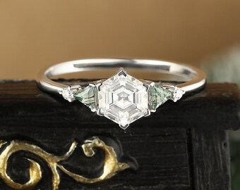 Anel de noivado de moissanite com corte hexagonal Anel de ouro branco com diamante triangular vintage Anel de noiva de aniversário Art Déco Anel de promessa de cluster exclusivo