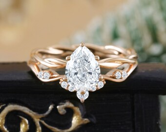 Pear shaped lab grown diamond rose gold bridal set Twisted moissanite engagement ring women Unique diamond stacking anniversary wedding band