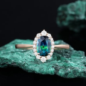 Oval teal sapphire engagement ring Rose gold ring Unique halo vintage art deco Diamond vintage ring Anniversary promise ring anniversary