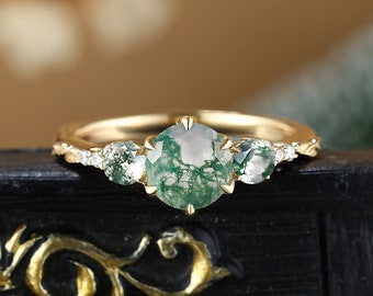 Anello di fidanzamento vintage in agata muschiata, anello nuziale unico in oro rosa 14k/18k, anello con diamanti moissanite incastonati a griffe, regalo di anniversario per lei