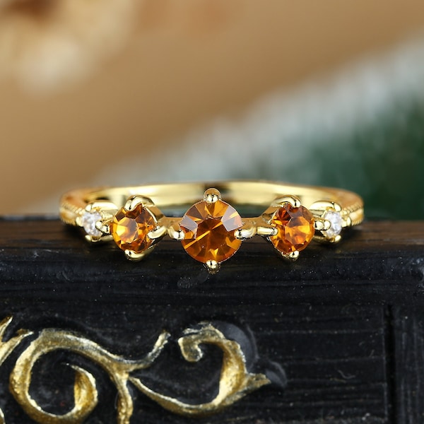 Citrine yellow gold engagement ring, unique moissanite wedding ring, five stone diamond prong set ring, anniversary bridal rings for women