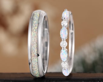 Marquise cut opal white gold anniversary bridal set, prong set moissanite wedding ring, tungsten stacking wedding band, diamond promise ring