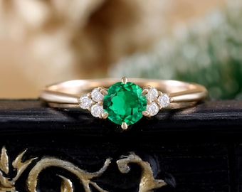 Lab emerald rose gold engagement ring, prong set moissanite cluster ring, unique diamond wedding ring women, promise anniversary bridal ring