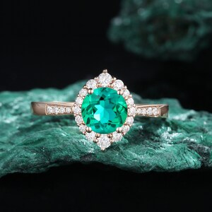 halo emerald engagement ring Rose gold moissanite Unique vintage art deco Diamond vintage Anniversary promise ring anniversary gift for her