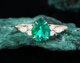 pear shaped Emerald engagement ring Antique rose gold Unique vintage women moissanite art deco Diamond cluster Anniversary promise ring