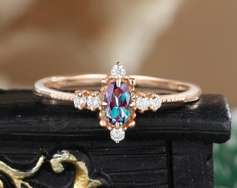 Oval Alexandrite Engagement Ring, Rose Gold Art Deco Milgrain, Moissanite Diamond Jewelry