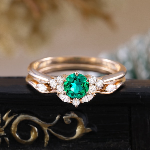 Lab emerald rose gold bridal set, unique moissanite cluster engagement ring, prong set diamond curved wedding band, anniversary bridal ring
