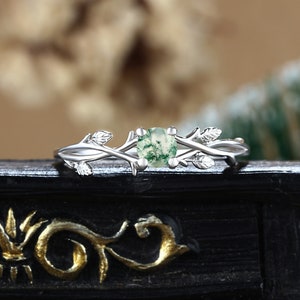 Solitaire prong set moss agate engagement ring, Nature inspired leaf curved white gold ring, Vintage branch twisted anniversary bridal ring