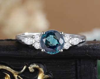 Anillo de compromiso de zafiro verde azulado, moissanita en oro blanco antiguo, conjunto de diamantes.