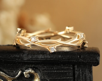 Diamond moissanite rose gold wedding band, Vintage twisted band ring, Nature inspired leaf ring, Branch twig vine ring, Full eternity ring