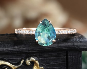 pear shaped teal sapphire engagement ring Antique rose gold Unique vintage women moissanite half eternity Diamond cluster Anniversary ring