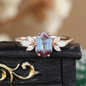 Long Hexagon cut alexandrite engagement ring,Stacking ring.Rose Gold,vintage moissanite Unique diamond Cluster women, wedding Bridal ring