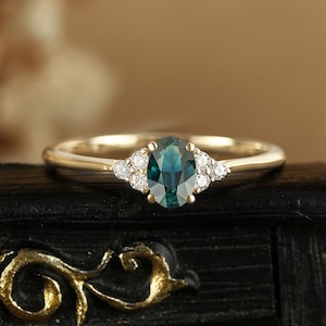 Oval cut teal sapphire engagement ring, unique moissanite cluster yellow gold ring, vintage diamand anniversary ring, prong set bridal ring