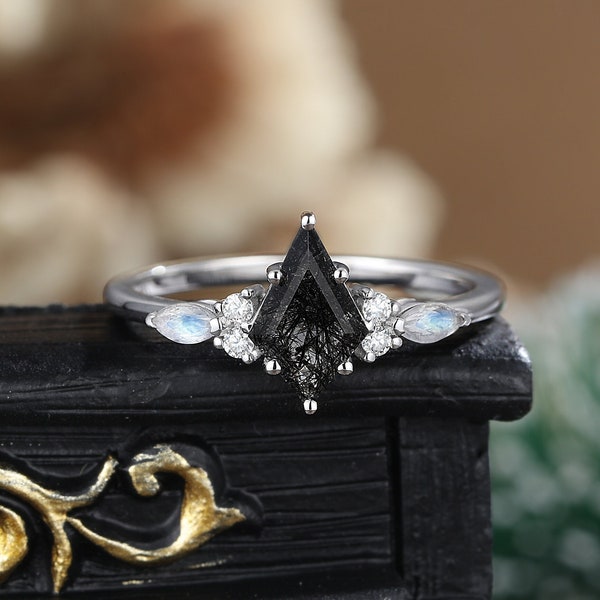 Kite cut Black Rutilated Quartz engagement ring Antique white gold moonstone Unique vintage women moissanite art deco Diamond cluster ring