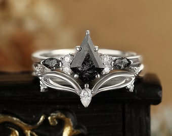 Kite cut black rutilated quartz engagement ring set, pear shaped diamond curved wedding band, vintage unique art deco white gold bridal set