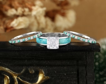 Princess cut moissanite engagement ring set, Turquoise wedding band, Vintage white gold bridal set, Art deco diamond half eternity jewelry