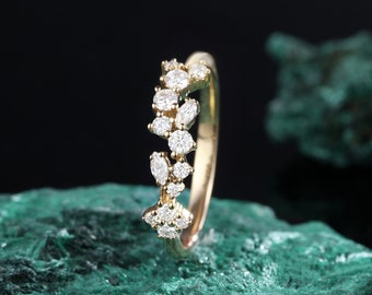 Banda de bodas Leaf Moissanite, banda de bodas florales, banda de racimo Moissanite de corte marquesa, anillo de bodas vintage, banda de oro rosa, anillo de aniversario