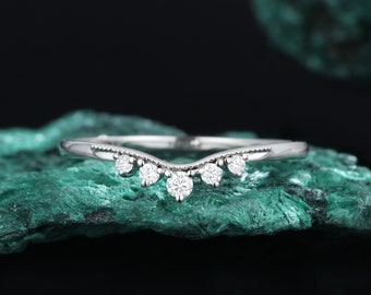 curved wedding band|moissanite white gold Anniversary ring| Vintage Moissanite wedding band| Diamond promise ring|Unique Stacking band