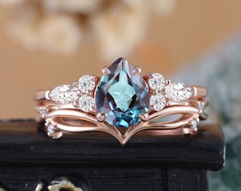 Pear shaped lab alexandrite bridal set Marquise moissanite rose gold engagement ring Chevron diamond wedding band Anniversary gift for her