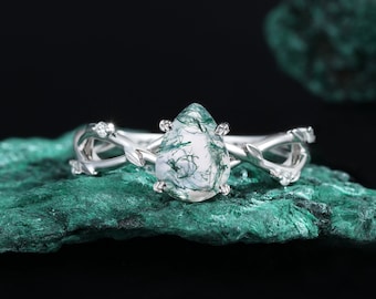 Anello di fidanzamento in agata muschiata a forma di pera, vintage, foglia antica, moissanite, anello unico, oro bianco, diamante, unico, art déco, anniversario, sposa