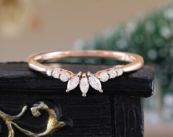 Marquise cut moissanite engagement ring Antique prong diamond rose gold ring Art deco curved cluster ring Anniversary promise gift for her