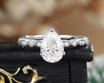 Pear shaped lab grown diamond engagement ring Vintage moissanite white gold ring Art deco diamond ring Anniversary promise ring gift for her