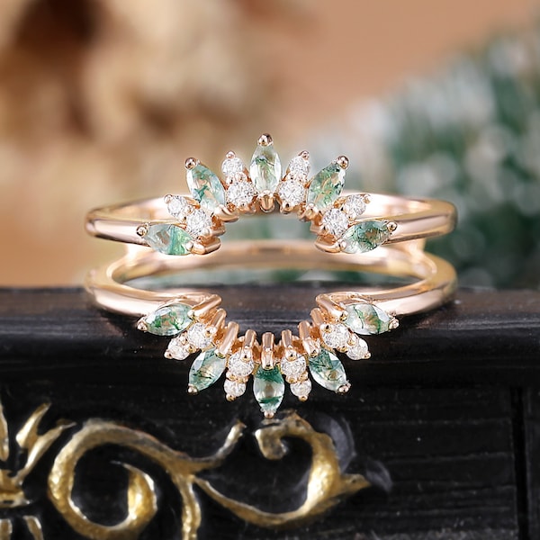 Marquise cut moss agate rose gold bridal set, unique moissanite matching wedding bands, promise stacking diamond anniversary bridal ring set