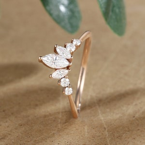 curved Moissanite engagement ring Antique  rose gold Unique vintage women art deco marquise cut Diamond cluster Anniversary promise ring