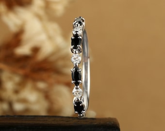 black onyx wedding band|Marquise cut white gold Anniversary ring| Vintage Moissanite wedding band| Diamond promise ring|Unique Stacking band