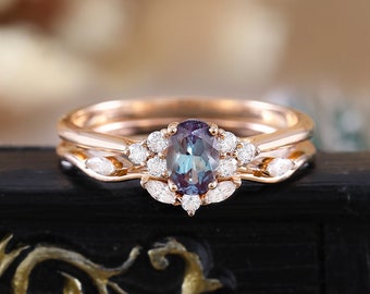 Oval cut lab alexandrite rose gold bridal set, moissanite cluster engagement ring, prong diamond curved wedding band, anniversary ring set