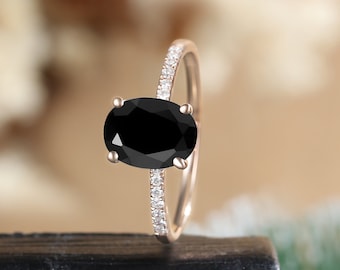Oval cut black onyx engagement ring, Rose gold moissanite diamond wedding ring women, Half eternity prong set ring, Unique promise jewelry