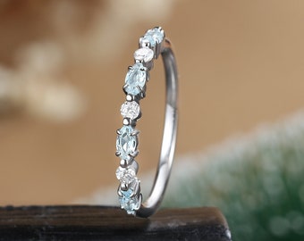 Aquamarine wedding band Marquise cut white gold Anniversary ring Vintage Moissanite wedding band Diamond promise ring Unique Stacking band