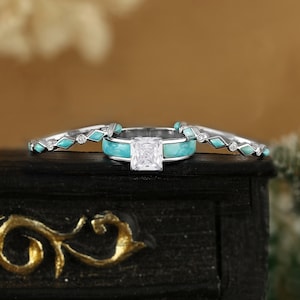 3Pcs princess cut moissanite engagement ring, Rhombus turquoise wedding band, White gold bridal set, Art deco diamond anniversary jewelry
