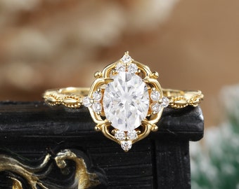 Oval Moissanit Verlobungsring Gelbgold Einzigartige Halo Vintage Art Deco Diamant Vintage Ring Jahrestag Versprechen Ring Jahrestag für sie