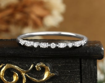 Marquise cut moissanite diamond wedding band, White gold stacking matching ring, Unique promise jewelry, Anniversary ring half eternity ring