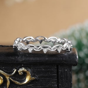 Delicate moissanite diamond wedding band white gold Vintage milgrain art deco matching ring Promise full eternity anniversary stacking ring