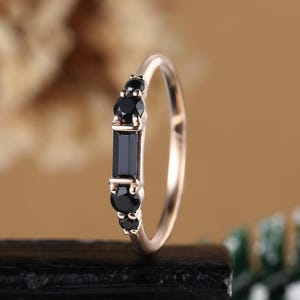 Baguette cut black onyx engagement ring rose gold Art deco black diamond wedding ring Anniversary promise bridal ring Vintage gift for her
