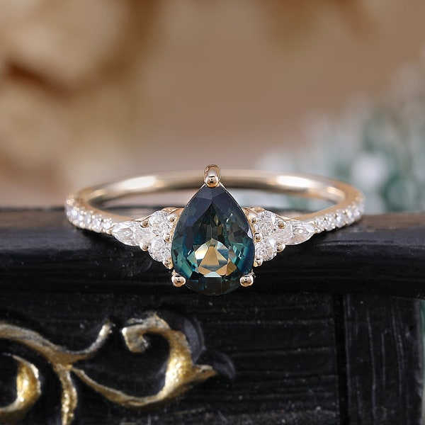 Pear shaped Teal sapphire engagement ring Antique marquise cut moissanite rose gold ring Half eternity prong diamond anniversary bridal ring