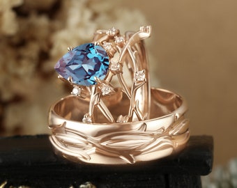 3pcs Pear Shaped Lab Alexandrite Engagement Ring Set Nature