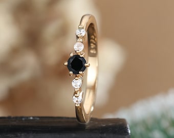 Black onyx engagement ring rose gold, Diamond moissanite wedding ring, Five stone anniversary promise ring, 14k/18k gold prong set jewelry