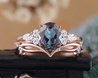 Oval cut lab alexandrite rose gold bridal set Marquise cut moissanite engagement ring Stacking diamond anniversary wedding band Promise ring