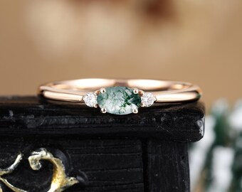 Oval cut moss agate engagement ring yellow gold, Unique moissanite diamond anniversary ring, Promise three stone bridal wedding ring for her
