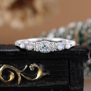Vintage aquamarine milgrain engagement ring Unique prong opal white gold ring Five stone pearl ring women Anniversary promise gift for her