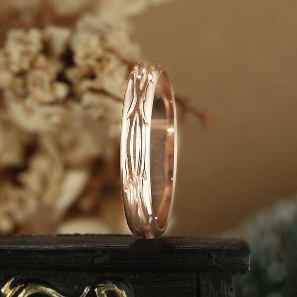 4mm rose gold wedding band, Vintage nature inspired twig ring, Plain gold wide band, Anniversary promise ring men, Stacking matching ring