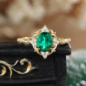 Oval emerald engagement ring yellow gold ring Unique halo vintage art deco Diamond vintage ring Anniversary promise ring anniversary for her